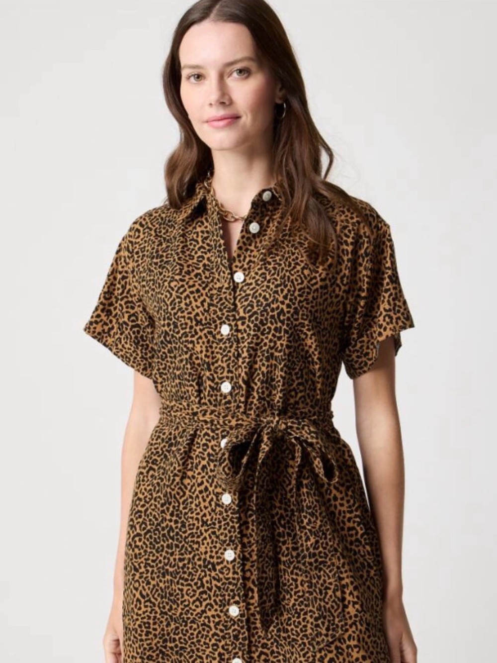 NWT J Crew Linen Blend Belted Shirt Dress Leopard Print Size Small Button Down